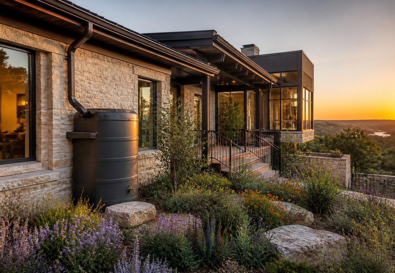 Modern West Austin home with seamless dark gutters feeding a rainwater harvesting cistern beside a native pollinator garden
